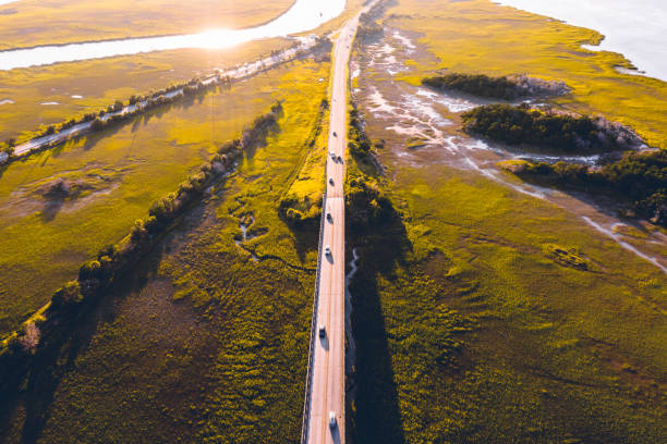 istock Aerial view of the road between marshlands 1277624799