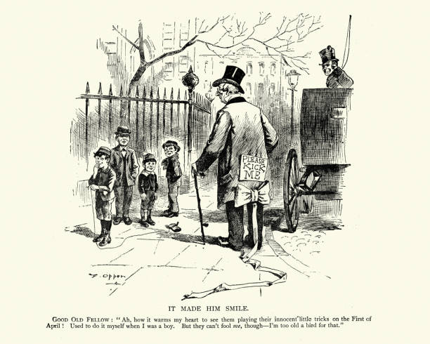 Vintage illustration Victorian cartoon, April Fool's Day, Please kick me, 19th Century