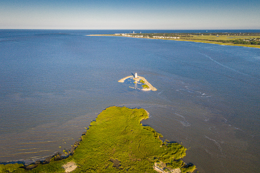 Aerial view of the Savannah River South Channel estuary into the Atlantic Ocean.