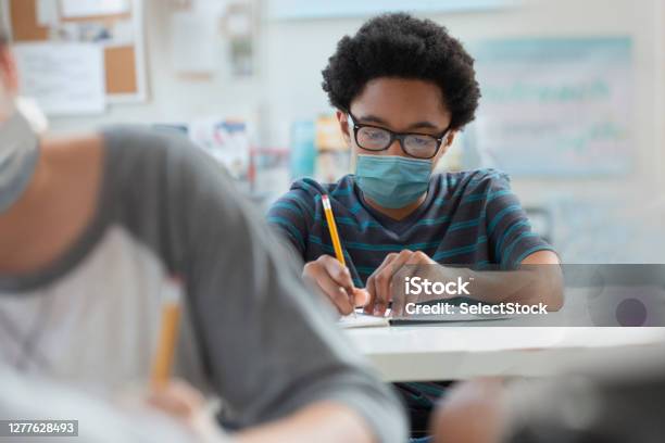 Student Back To School Wearing Mask Covid 19 Stock Photo - Download Image Now - Protective Face Mask, Education, Classroom