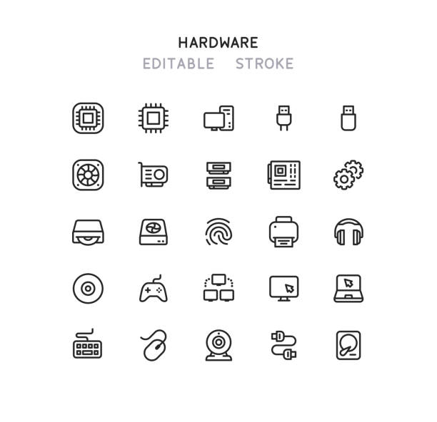 illustrazioni stock, clip art, cartoni animati e icone di tendenza di icone linea hardware computer tratto modificabile - machine part built structure hard drive circuit board
