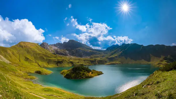 Schrecksee lake in high Alpine mountains on summer day