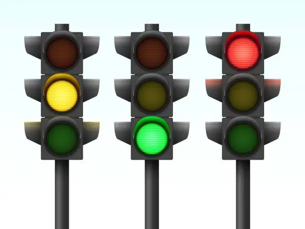 Vector illustration of Realistic Vector Illustration of Three Traffic Lights With Different Colors On