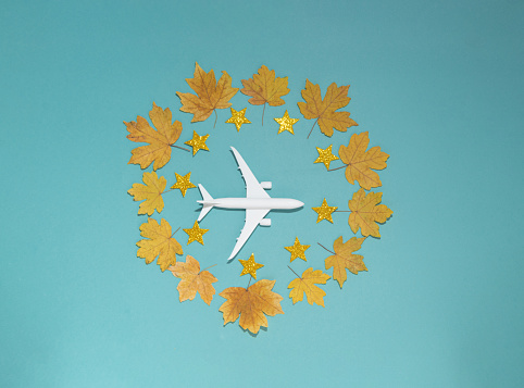 Airplane toy with Golden stars and maple yellow leaves on a blue background. With an empty space for the text.