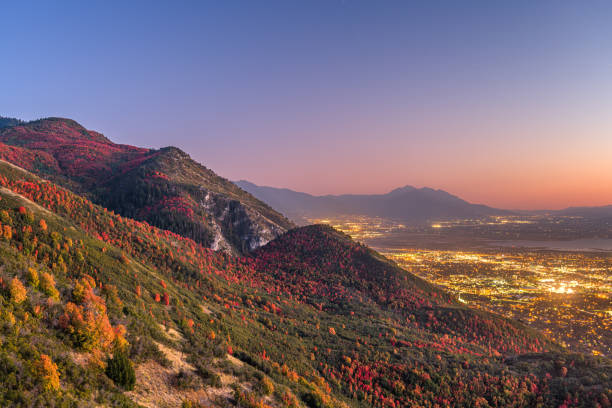 Provo, Utah, USA view of downtown from the lookout during dusk.