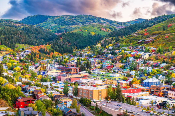 Park City, Utah, USA Park City, Utah, USA downtown in autumn at dusk. utah stock pictures, royalty-free photos & images