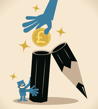 Business Characters Full Length Vector Art Illustration.
Big hand (client, reader) is putting British Pound currency into an open pencil held by a man (editor, writer); To earn a living from the knowledge you already have; Turning your imagination into money; Royalty on books.