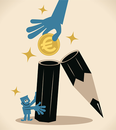 Business Characters Full Length Vector Art Illustration.
Big hand (client, reader) is putting European Union currency into an open pencil held by a man (editor, writer); To earn a living from the knowledge you already have; Turning your imagination into money; Royalty on books.