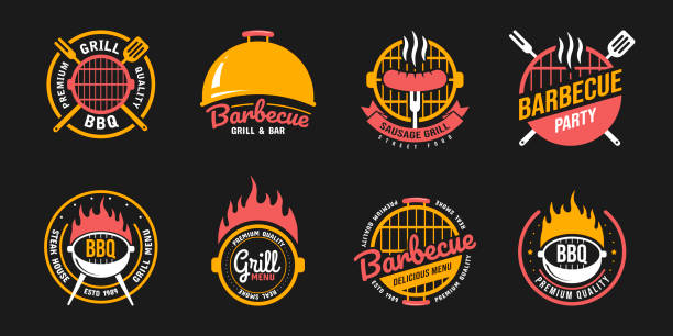 Barbecue and grill labels, badges, logos and emblems. Set vector illustrations. Steak house. Barbecue and grill labels, badges, logos and emblems. Set vector illustrations. Steak house. Steak house restaurant menu design elements flyer or poster on black backdrop. high quality kitchen equipment stock illustrations