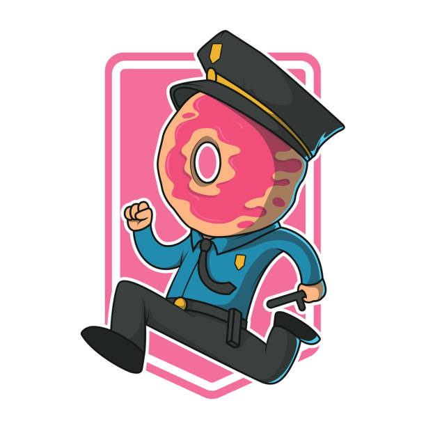 donut cop läuft vektor-illustration. - humor badge blue crime stock-grafiken, -clipart, -cartoons und -symbole