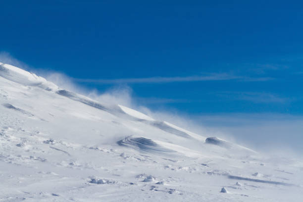 istock Snowy mountain slope with wind, winter background 1277652893
