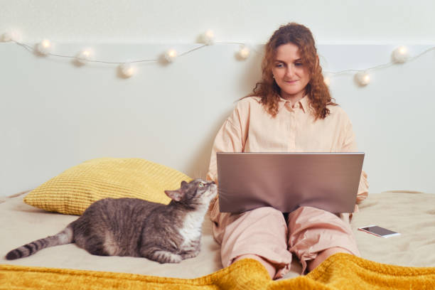 istock Woman working online on the computer and cat on the bed 1277658854
