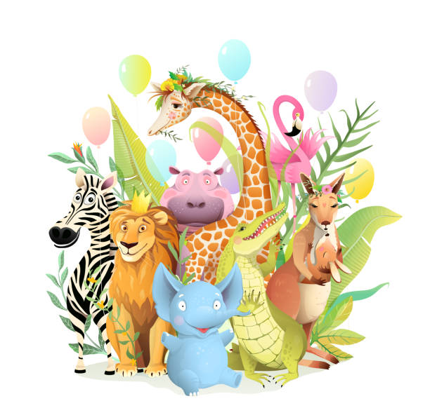illustrations, cliparts, dessins animés et icônes de carte de voeux de fête d’anniversaire d’animaux pour l’événement d’enfant - zoo animal safari giraffe