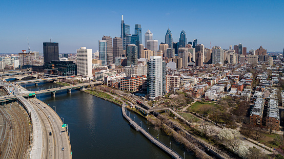 Aerial scenic view on the Philadelphia Downtown in early spring.