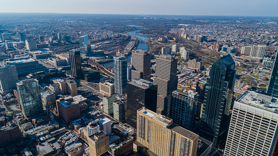 Aerial scenic view on the Philadelphia Downtown in early spring.