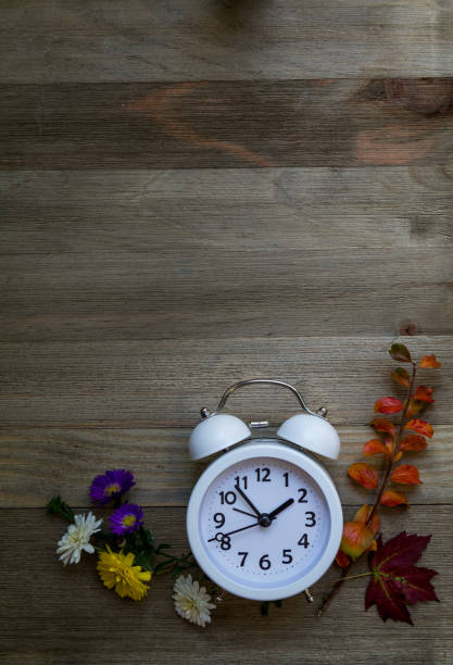 istock White alarm clock surounded by fresh fall flowers foliage on wooden board flat lay copy space 1277663118