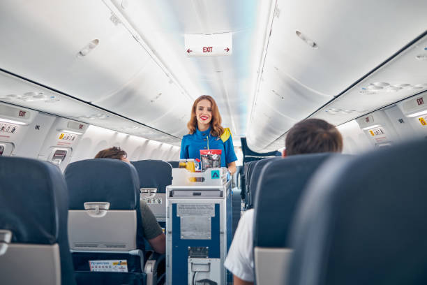 air stewardess serving food on the board commercial airplane - color image people air vehicle airplane imagens e fotografias de stock