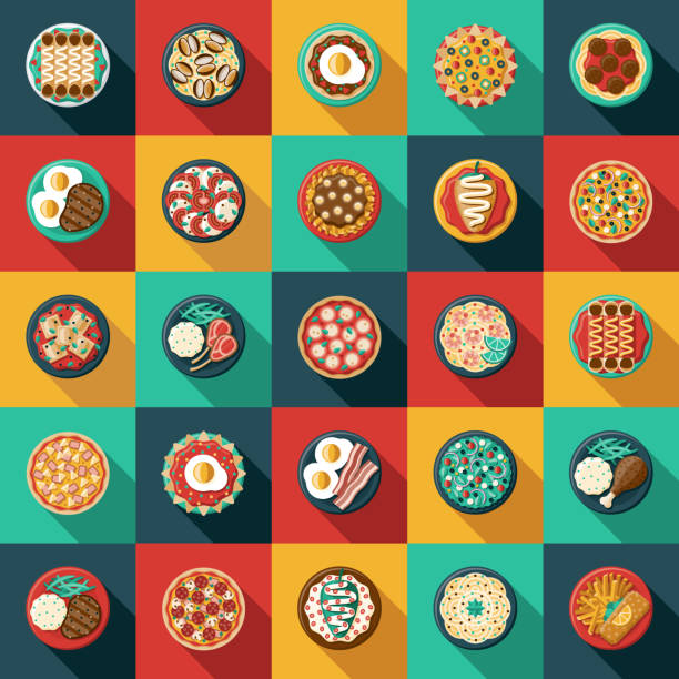 Overhead Food Icon Set A set of different meals, from an overhead view. File is built in the CMYK color space for optimal printing. Color swatches are global so it’s easy to edit and change the colors. pad thai stock illustrations