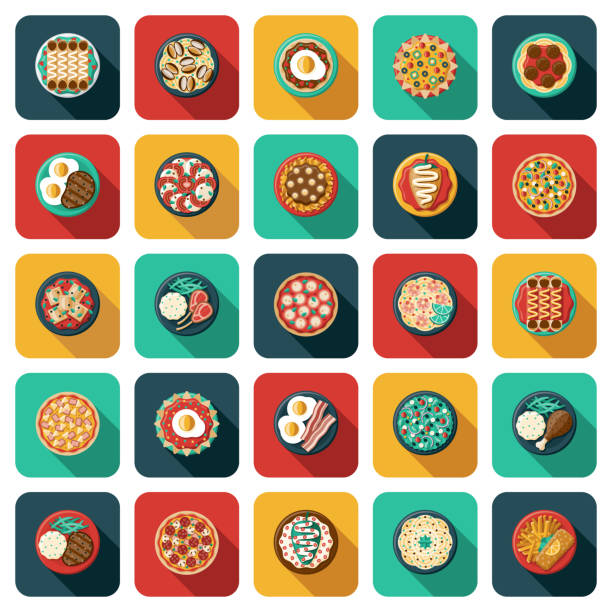 ilustraciones, imágenes clip art, dibujos animados e iconos de stock de conjunto de iconos de alimentos superiores - cena ilustraciones