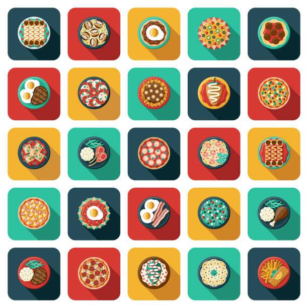 Overhead Food Icon Set A set of different meals, from an overhead view. File is built in the CMYK color space for optimal printing. Color swatches are global so it’s easy to edit and change the colors. fish fry icon stock illustrations
