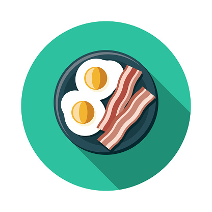 A flat design bacon and eggs breakfast food icon with long side shadow. File is built in the CMYK color space for optimal printing. Color swatches are global so it’s easy to change colors across the document.