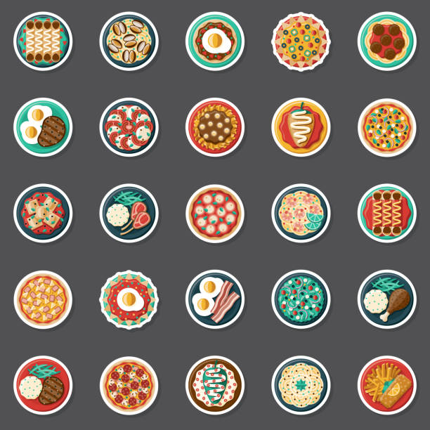 Overhead Food Sticker Set A set of different meals, from an overhead view. File is built in the CMYK color space for optimal printing. Color swatches are global so it’s easy to edit and change the colors. pad thai stock illustrations