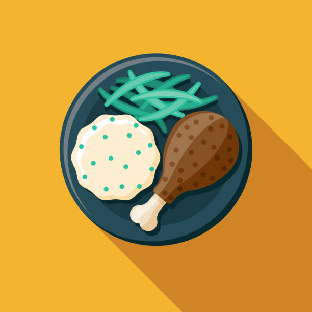 Turkey Dinner Food Icon A flat design turkey dinner food icon with long side shadow. File is built in the CMYK color space for optimal printing. Color swatches are global so it’s easy to change colors across the document. chicken leg stock illustrations