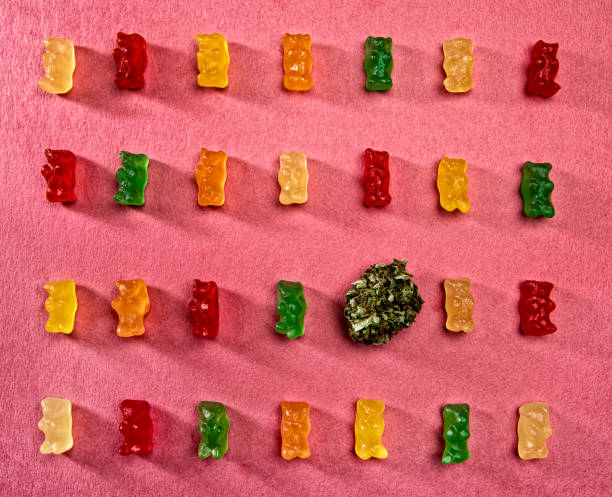 Cannabis bud surrounded by edible colorful gummy bears in a row This is a stock photograph involving cannabis, marijuana and its implications in America as it has just slowly been legalized and used for medicinal and medical purposes and what that means to our economy and culture. This particular photograph is focusing on sweet edibles such as gummy bears that target children cannabis gummy bears stock pictures, royalty-free photos & images