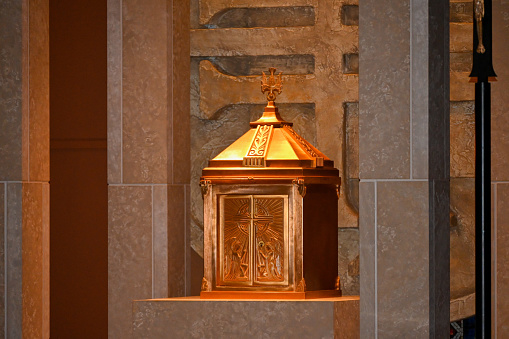 The tabernacle is where consecrated hosts are stored for later distribution in a Catholic Church or Chapel.