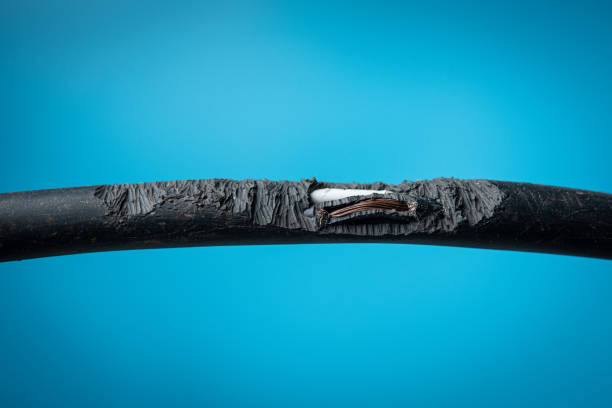 istock Damage on rubber of electricity wire from rat bite on blue background 1277670387
