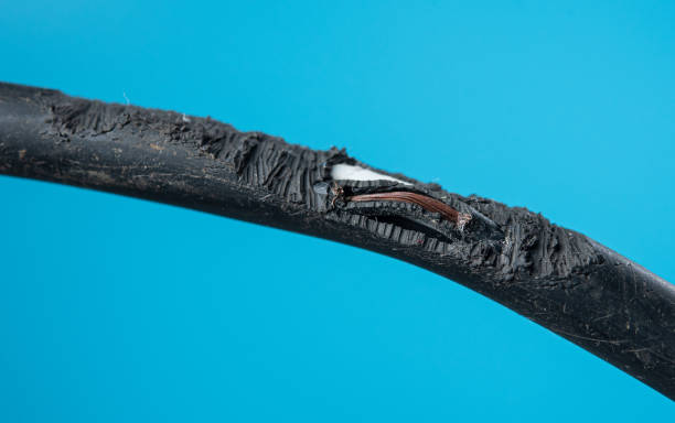 damage on rubber of electricity wire from rat bite on blue background - faulty imagens e fotografias de stock
