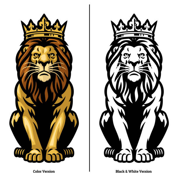 maskottchen des löwenkönigs trägt krone - tropical rainforest animal cartoon lion stock-grafiken, -clipart, -cartoons und -symbole