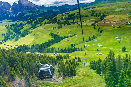Seiser Alm, Italy - 29 June 2018: Panorama cable car lift of Seiser Alm Puflatsch Bullaccia, Alpe Di Siusi in Italy