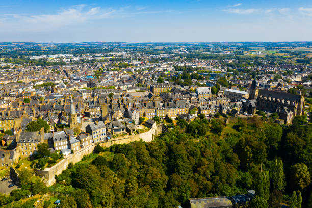 Aerial view of French town of Fougeres, Brittany General aerial view of French town of Fougeres on sunny summer day, region of Brittany ille et vilaine stock pictures, royalty-free photos & images