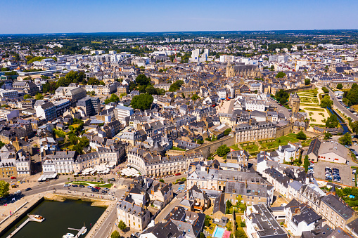Drone view of Vannes overlooking fortified city walls and lawns with floral design, Brittany, France