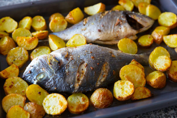 istock Dorado with potato on baking tray 1277683456