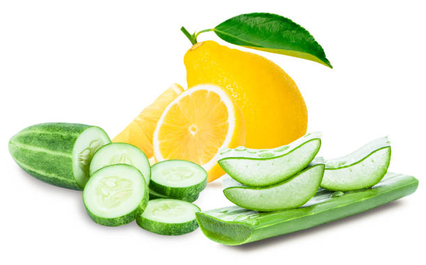 istock Green fresh aloe vera leaf with lemon fruit and cucumber 1277686235