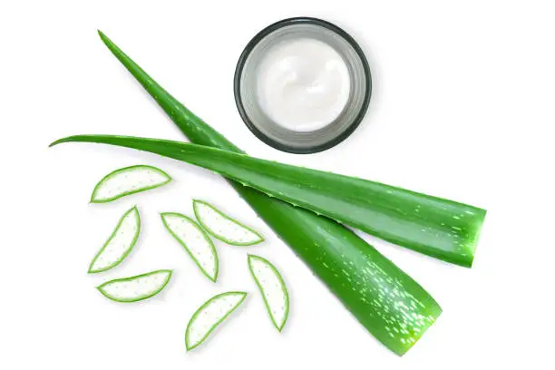 Aloe vera cosmetic skincare cream and fresh green aloevera leaf isolated on white background. Top view. Flat lay.