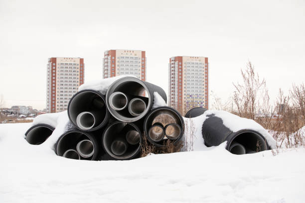 Polyethylene pressure pipes under snow are used for construction of pipelines.