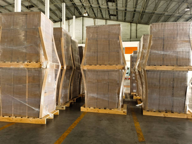 istock Shipment cartons box on pallets and wooden case on forklift in interior warehouse cargo for export and sorting goods in freight logistics and transportation industrial, delivery service 1277702673