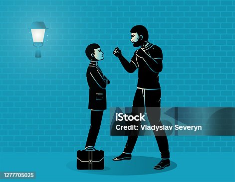 istock Big aggressive guy wants to hit a businessman, in the background there is a stone wall and a streetlamp. Conflict situation vector illustration 1277705025