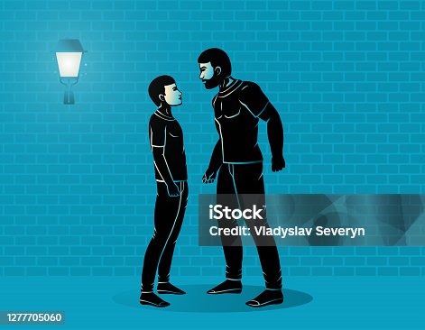 istock Big aggressive guy threatens small guy on the street, in the background a stone wall and a streetlamp. Conflict situation vector illustration 1277705060