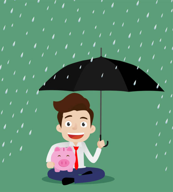 illustrations, cliparts, dessins animés et icônes de homme d’affaires et tirelire avec le parapluie et s’asseyant sous la pluie - security umbrella rain currency