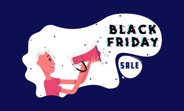 istock Black friday sale. Flat character girl holding a megaphone in her hands and shouting into it informing everyone about the sale 1277710928