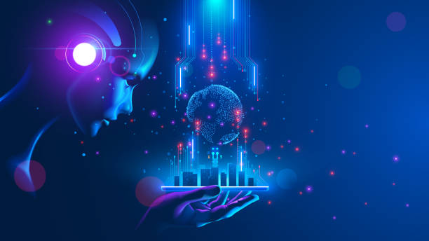 umělá inteligence při pohledu na chytré město, spojené s planetou prostřednictvím globálního mobilního internetu v telefonu. ai řídí městskou infrastrukturu, datový provoz, zajišťuje bezpečnost. světový komunikační koncept. - globální finance finance stock ilustrace