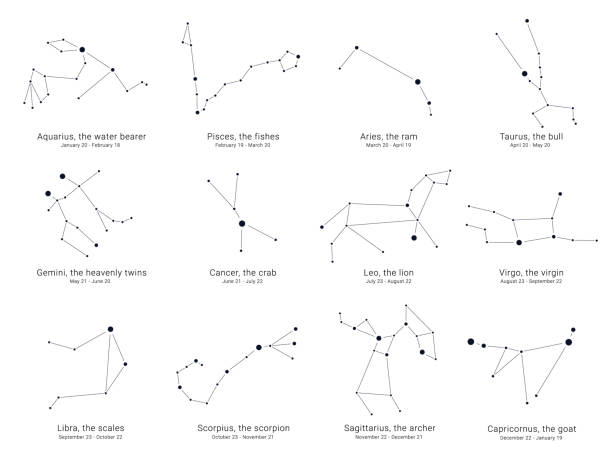 Constellations charts with the dates of birth range Constellations charts with the dates of birth range. blue ram fish stock illustrations