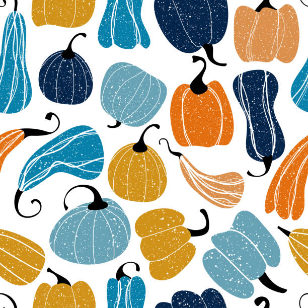 Seamless background with pumpkin. Decorating for the holidays Halloween and Harvest Festival. Seamless background with pumpkin. Decorating for the holidays Halloween and Harvest Festival. Hand-drawn blue and orange pumpkins in random order on a white background. Vector illustration isolated for design and web. gourd stock illustrations