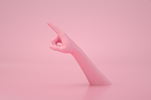 3d rendering of Female Hand Pointing Up, Pink Color Background.