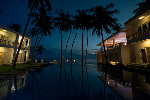 Dark blue pool and courtyard of a resort in Vietnam