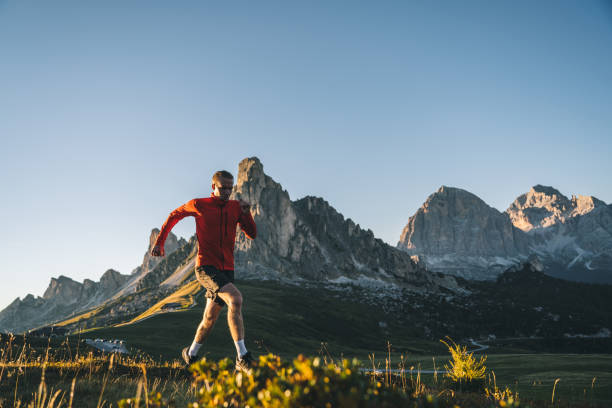 istock Trail runner traverses alpine meadow at sunrise 1277727066